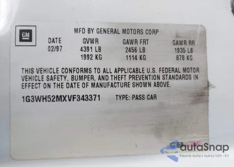 1997 Oldsmobile Cutlass Supreme Series I z USA, uszkodzony, nr VIN 1G3WH52MXVF343371